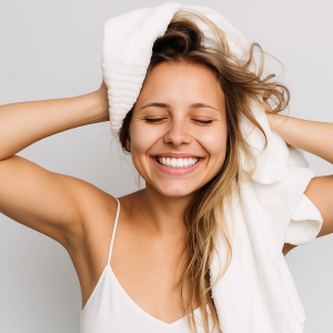 Sourire éclatant après la douche